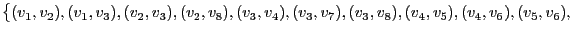 $\displaystyle \bigl\{(v_1,v_2),(v_1,v_3),(v_2,v_3),(v_2,v_8),(v_3,v_4),
(v_3,v_7),(v_3,v_8),(v_4,v_5),(v_4,v_6),(v_5,v_6),$