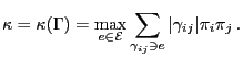 $\displaystyle \kappa=\kappa(\Gamma)=\max\limits_{e\in\mathcal{E}} \sum\limits_{\gamma_{ij}\ni e} \vert\gamma_{ij}\vert\pi_i\pi_j\,.$