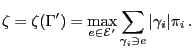 $\displaystyle \zeta=\zeta(\Gamma^\prime)=\max\limits_{e\in\mathcal{E}^\prime} \sum\limits_{\gamma_i\ni e} \vert\gamma_i\vert\pi_i\,.$