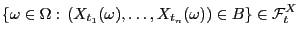 $\displaystyle \{\omega\in\Omega: (X_{t_1}(\omega),\ldots,X_{t_n}(\omega))\in
B\}\in\mathcal{F}_t^X
$