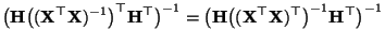 $\displaystyle \bigl({\mathbf{H}}\bigl(({\mathbf{X}}^\top{\mathbf{X}})^{-1}\bigr...
...igl(({\mathbf{X}}^\top{\mathbf{X}})^\top\bigr)^{-1}{\mathbf{H}}^\top\bigr)^{-1}$