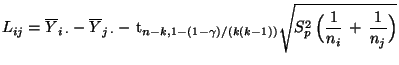 $\displaystyle L_{ij}=\overline Y_{i\,\cdot}-\overline Y_{j\,\cdot}-\,{\rm t}_{n...
...-1))}\sqrt{S^2_p\,\displaystyle
\Bigl(\frac{1}{n_i}\,+\,\frac{1}{n_j}\Bigr)}
$