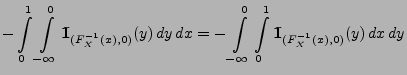 $\displaystyle -\int\limits_0^1 \int\limits_{-\infty}^0
{1\hspace{-1mm}{\rm I}}_...
...-\infty}^0 \int\limits_0^1{1\hspace{-1mm}{\rm I}}_{(F_X^{-1}(x),0)}(y)\,dx\, dy$