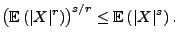 $\displaystyle \bigl({\mathbb{E}\,}(\vert X\vert^r)\bigr)^{s/r}\le {\mathbb{E}\,}(\vert X\vert^s)\,.
$