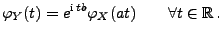 $\displaystyle \varphi_Y(t)=e^{{\rm i}\,tb}\varphi_X(at)\qquad\forall t\in\mathbb{R}\,.$