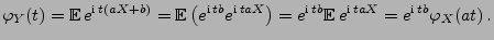 $\displaystyle \varphi_Y(t)={\mathbb{E}\,}e^{{\rm i}\,t(aX+b)} ={\mathbb{E}\,}\b...
...{{\rm i}\,tb}{\mathbb{E}\,}e^{{\rm i}\,taX} = e^{{\rm i}\,
tb}\varphi_X(at)\,.
$