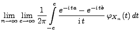 $\displaystyle \lim\limits_{n\to\infty}\lim\limits_{c\to\infty}\frac{1}{2\pi}\in...
...}^c\frac{e^{-{\rm i}\,
ta}-e^{-{\rm i}\,tb}}{{\rm i}\,t}\,\varphi_{X_n}(t)\, dt$