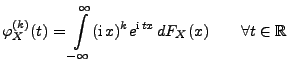 $\displaystyle \varphi_X^{(k)}(t)=\int\limits_{-\infty}^\infty({\rm i}\,x)^k e^{{\rm i}\, tx}\, dF_X(x)\qquad\forall t\in\mathbb{R}$