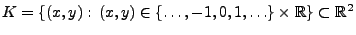 $\displaystyle K=\{(x,y):\,(x,y)\in\{\ldots,-1,0,1,\ldots\}
\times\mathbb{R}\}\subset\mathbb{R}^2
$