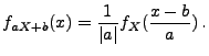 $\displaystyle f_{aX+b}(x)=\frac{1}{\vert a\vert}f_{X}(\frac{x-b}{a})\,.$