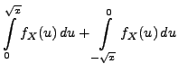 $\displaystyle \int\limits_0^{\sqrt{x}} f_X(u)\, du
+\int\limits_{-\sqrt{x}}^0 f_X(u)\, du$