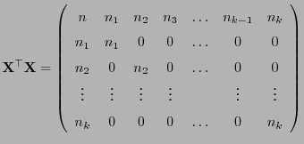 $\displaystyle {\mathbf{X}}^\top {\mathbf{X}}=\left(\begin{array}{ccccccc} n & n...
...ts & & \vdots & \vdots n_k & 0 & 0 & 0 & \ldots & 0 & n_k \end{array}\right)$