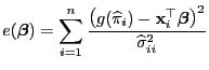 $\displaystyle e({\boldsymbol{\beta}})=\sum\limits_{i=1}^n\frac{\bigl(g(\widehat\pi_i) -{\mathbf{x}}_i^\top{\boldsymbol{\beta}}\bigr)^2}{\widehat\sigma^2_{ii}}$