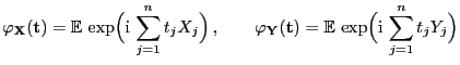 $\displaystyle \varphi_{\mathbf{X}}({\mathbf{t}})={\mathbb{E} }\exp\Bigl({\rm i...
...mathbf{t}})={\mathbb{E} }\exp\Bigl({\rm i} \sum\limits_{j=1}^n t_j
Y_j\Bigr)
$
