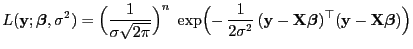 $\displaystyle L({\mathbf{y}};{\boldsymbol{\beta}},\sigma^2)=\Bigl(\frac{1}{\sig...
...\boldsymbol{\beta}})^\top ({\mathbf{y}}-{\mathbf{X}}{\boldsymbol{\beta}})\Bigr)$